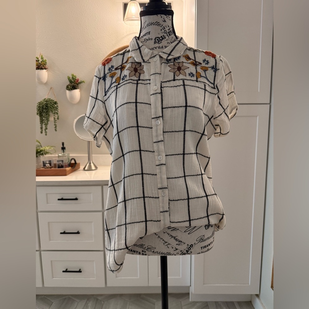 Roolee White Windowpane Button-Down with Floral Embroidery